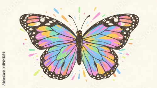 A vibrant, colorful butterfly illustration with splashes of paint, showcasing detailed wing patterns and a lively artistic style.