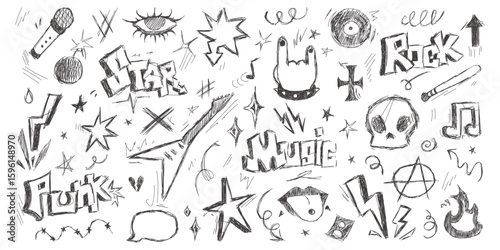 Set of punk rock style drawings, music star. Hand drawn musical guitar, microphone, skull. Funny graffiti in the form of star, arrow, crown, speech bubble, grunge decor elements.
