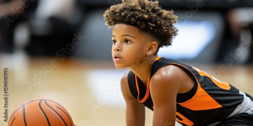 Young African American boy basketball player in uniform prepa for free throw shot on indoor court with focused expression and athletic stance