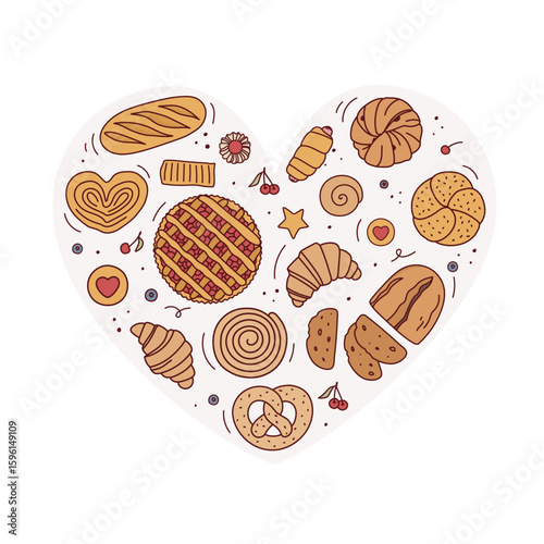 set of hand drawn bakery products in doodle style