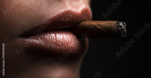 Close-up of female lips holding a cigar or cigarrette — modern concept of health, smoking, bad habits. 