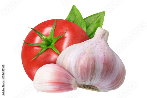 Fototapeta Naklejka Na Ścianę i Meble -  Garlic, tomato and basil on isolated white background. Whole tomato, garlic clove and whole garlic.