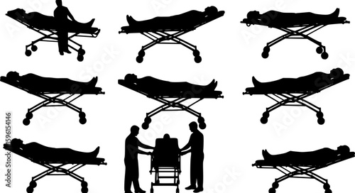 set of vector silhouette of a person lying on a gurney on a white background .
on white background