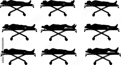 set of vector silhouette of a person lying on a gurney on a white background .
on white background