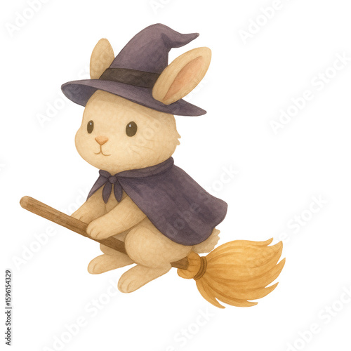 Watercolor illustration of a cute bunny wearing a witch hat and cloak flying on a broomstick. Perfect for Halloween clipart, cards, party invites, and kids’ spooky designs.
