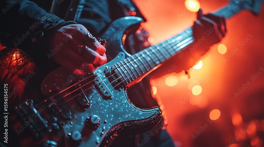 Fototapeta premium Intense live performance of a musician passionately playing electric guitar under vibrant stage lights