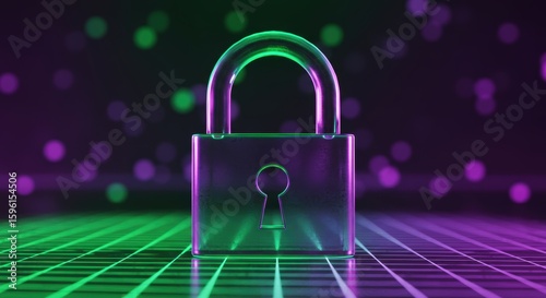 Neon padlock highlights digital security and data protection in a vibrant and futuristic cybersecurity environment
