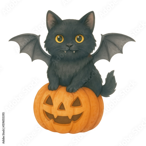 Cute watercolor black cat with bat wings sitting on a glowing jack-o’-lantern, perfect for Halloween clipart, spooky animal art, or festive autumn illustrations and decorations.