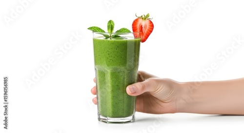 Hand Holding Green Smoothie with Strawberry Mint Garnish Isolated on White