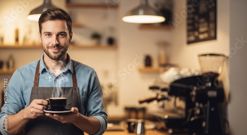 Portrait of smiling barista holding steaming espresso cup in cozy cafe