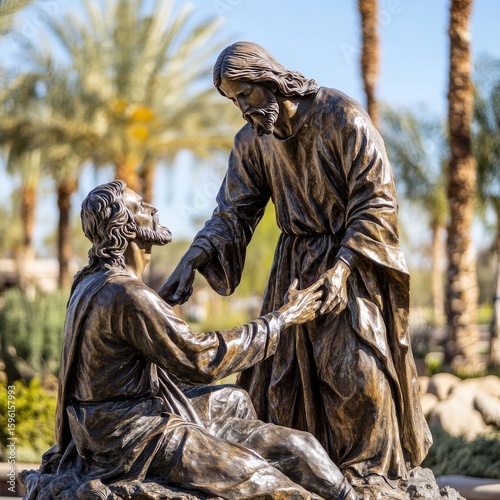 Indio, California, USA– March 4, 2022:  Statue in a park of the good Samaritan or Jesus healing a man.