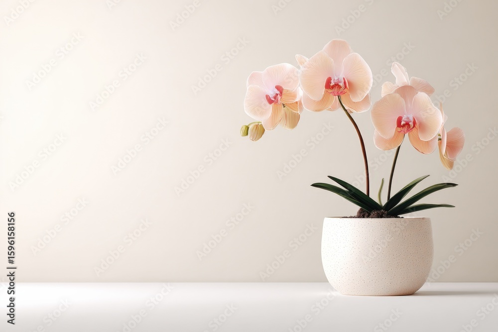 Obraz premium Elegant pink orchid plant in a white ceramic pot with vibrant blooms and lush green leaves on a minimalist background for interior decor
