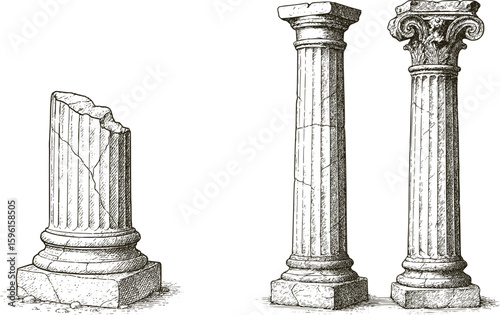 Hand Drawn Classical Columns Set. Realistic Sketch of Ancient Roman and Greek Architecture Elements, Pillars and Capitals in Ink Style.