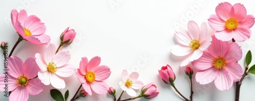 Pastel spring blooms arranged on white background, ample copy space , narcissus, background