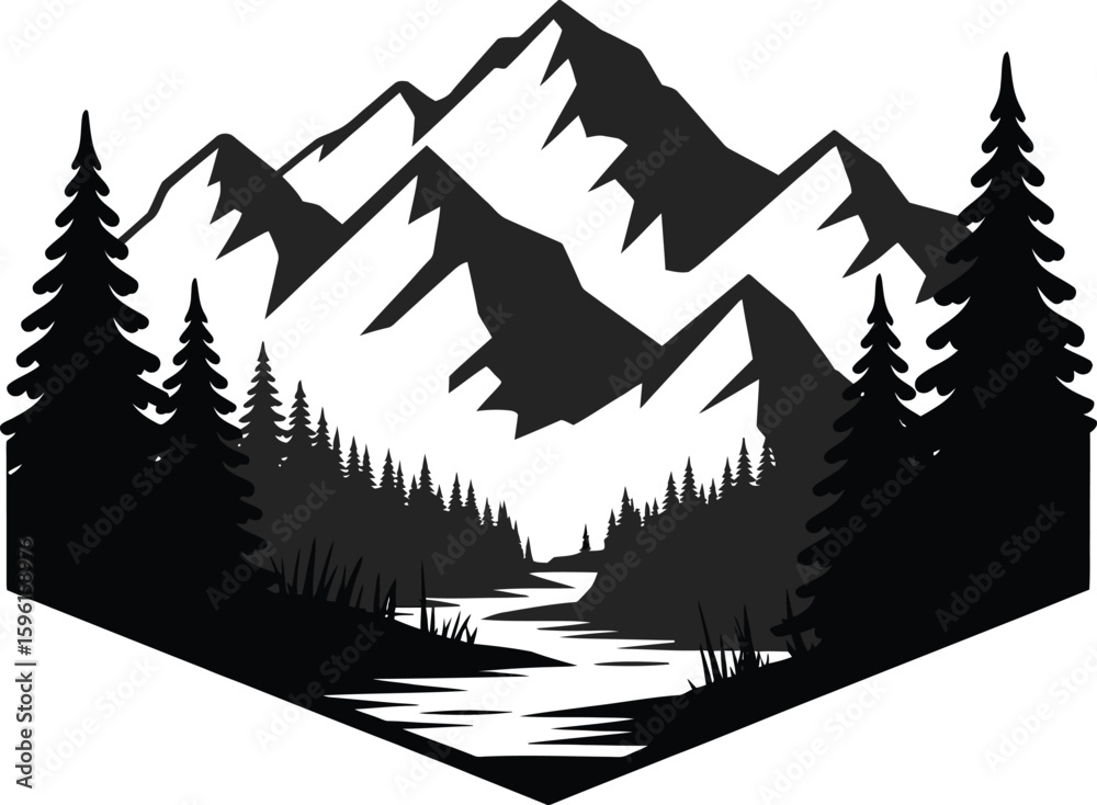 Fototapeta premium Black and white silhouette of Mountains and forest fir trees camping landscape.