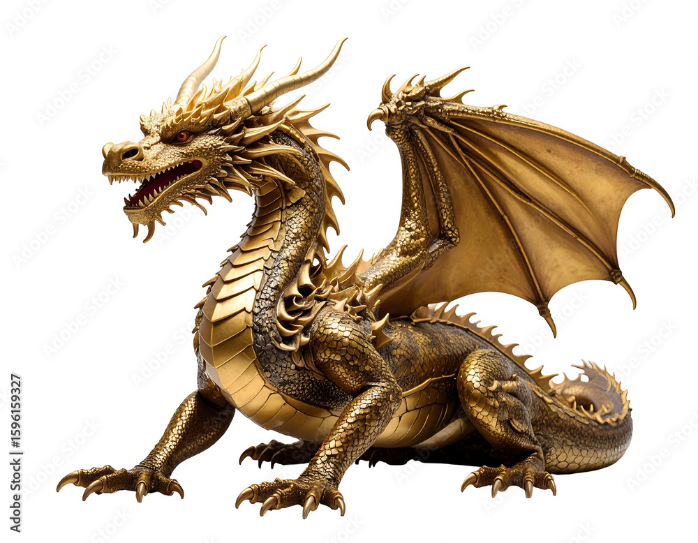 A magnificent golden dragon with intricate scales and powerful wings poses regally on display A magnificent golden dragon with intricate scales and powerful wings poses regally on display