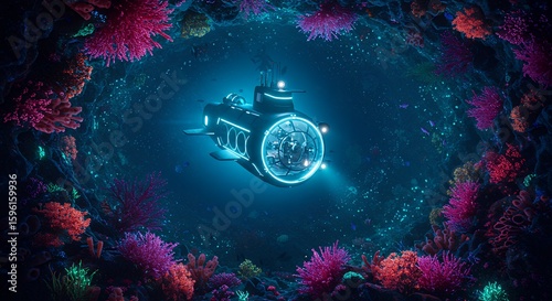 Futuristic Submarine Exploring Vibrant Coral Reef Underwater Scene