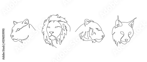 Set continuous one line drawing of big cats. Jaguar, lion, tiger, and lynx. Editable line. Vector illustration.