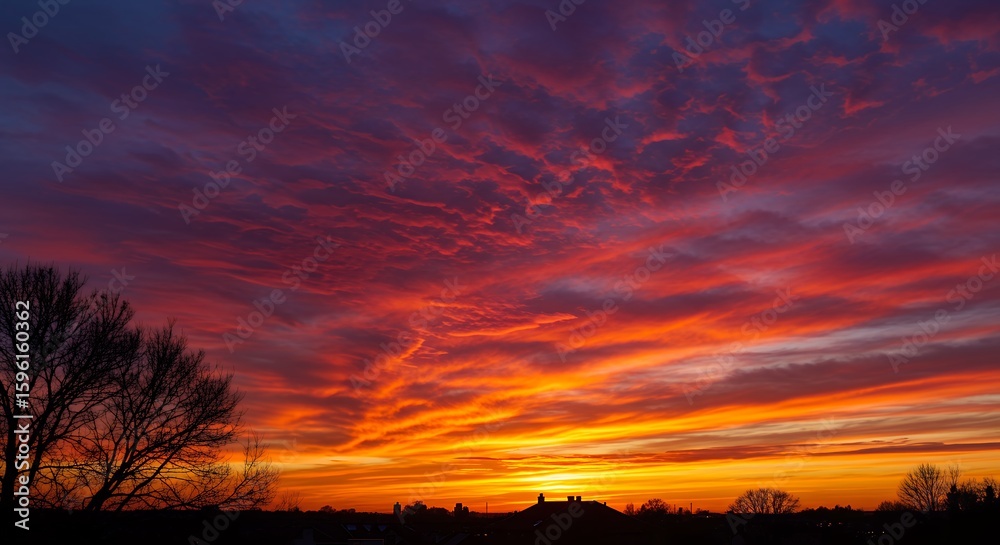 Fototapeta premium Vibrant Sunset with Dramatic Red and Orange Sky Over Silhouetted Trees