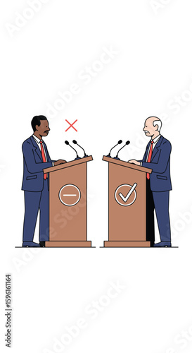Political candidates facing off at podiums during a debate with contrasting symbols indicating their standing