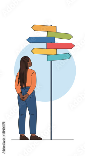 Woman standing at crossroads observing many different direction signs choosing a path forward
