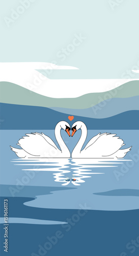Two elegant white swans form a heart shape on serene blue water with distant hills