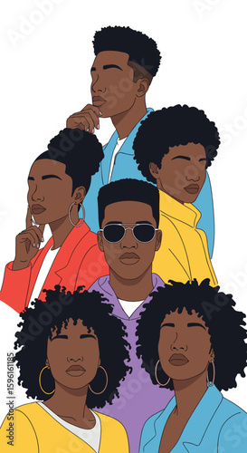 A diverse group of young people posing together with distinctive hairstyles and clothing