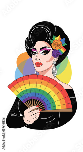 Glamorous drag queen holds rainbow fan celebrating pride month with vibrant makeup and floral hairpiece