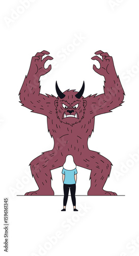 A towering furry monster with horns looming over a small human character in a stylized illustration
