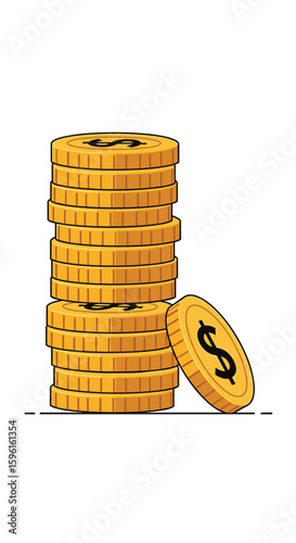 A tall stack of golden coins with one coin leaning against the pile