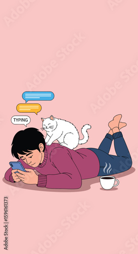 Relaxing with a cat and a phone while drinking coffee a peaceful morning moment captured in pixel art