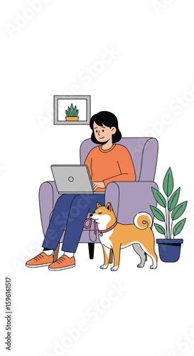 A woman working on a laptop while sitting on a comfortable chair next to her loyal dog and a potted plant