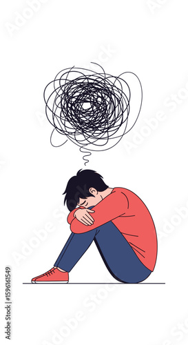 Anxiety and mental health struggles depicted through a person in distress with tangled thoughts above their head symbolizing confusion and worry