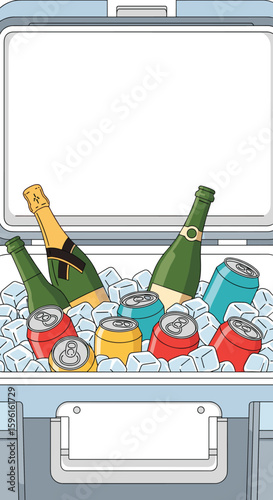Refreshing beverages chilling in an open cooler filled with ice cubes and assorted cans and bottles awaiting a party celebration outdoor gathering or summer event