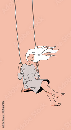 A young woman with flowing white hair enjoys a swinging ride on a rope swing against a soft peachy background