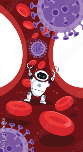Tiny medical robot navigating through red blood cells and fighting viral infections in a bloodstream