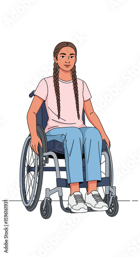A young person with braids sitting in a wheelchair demonstrating a forward movement strategy