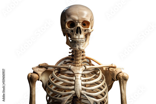 A detailed human skeleton stands isolated on transparent background, showcasing the intricate structure of bones and joints