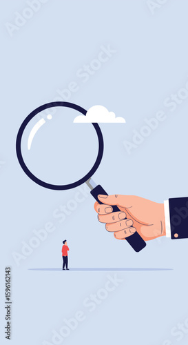 A giant magnifying glass held by a hand focuses on a tiny person standing under a cloud