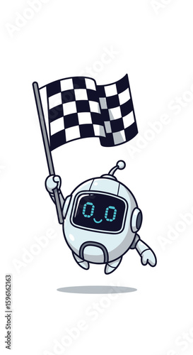 Cute friendly robot holding a chequered flag celebrating a victory or reaching a finish line in pixel art style
