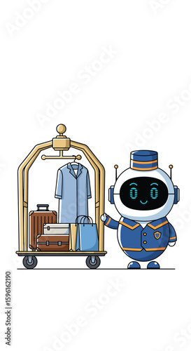 Friendly robotic hotel bellhop with luggage cart is ready to assist guests with their baggage and belongings during their stay