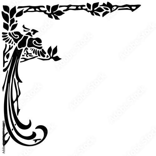 Artistic floral and bird corner design with intricate detailing and vintage style