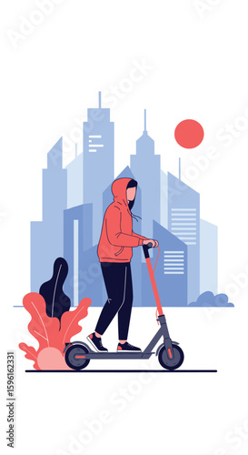 Urban commuter riding electric scooter through cityscape with buildings and sun in the background