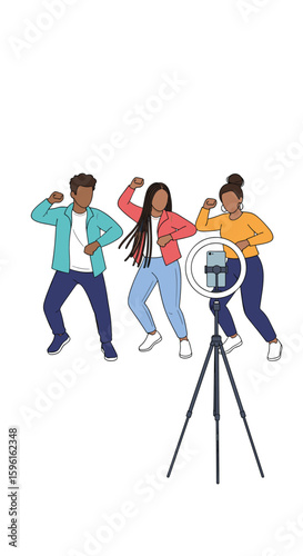 Young people dancing and filming a video with a ring light and tripod for social media content creation