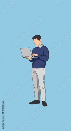 Person standing and using a laptop computer while looking down at the screen in a clean and simple illustration