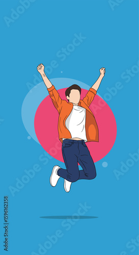 A young man with arms raised in celebration jumps joyfully against a bright blue background with abstract circular shapes behind him