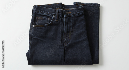 Dark Wash Denim Jeans Folded Neatly on White Background: High-Resolution Fashion Photography for E-commerce and Editorial Use.  This image showcases a meticulously folded pair of dark wash denim je...
