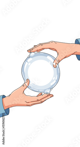 Two hands carefully holding and passing a clear spherical bubble symbolizing fragility and preciousness