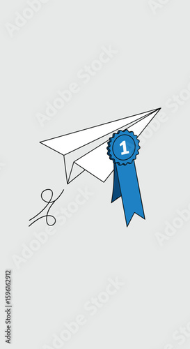 Creative origami paper airplane design competition winner with ribbon awarded for first place