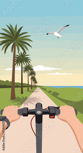 Riding an electric scooter along a scenic coastal path with palm trees and a seagull flying overhead on a sunny day